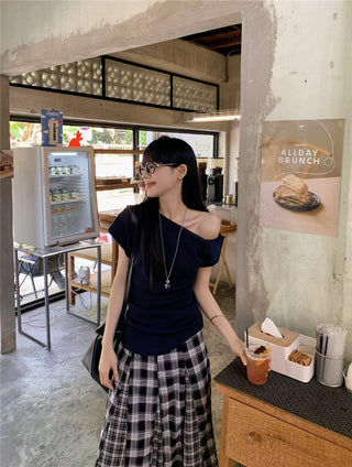 Irregular Shoulder Top with Plaid Skirt