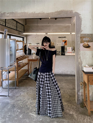 Irregular Shoulder Top with Plaid Skirt