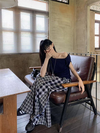 Irregular Shoulder Top with Plaid Skirt