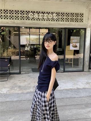 Irregular Shoulder Top with Plaid Skirt