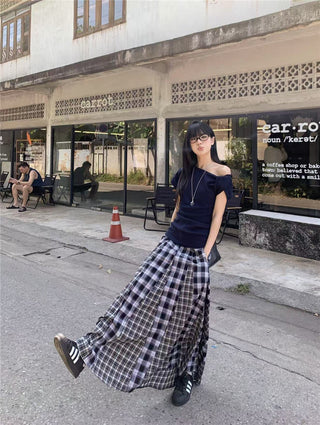 Irregular Shoulder Top with Plaid Skirt