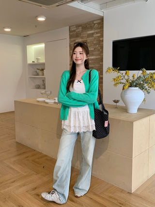 Yellow Knitted Cardigan with Lace