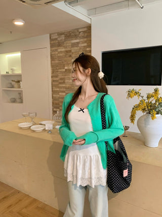 Yellow Knitted Cardigan with Lace