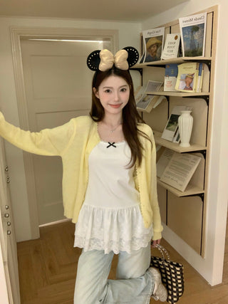 Yellow Knitted Cardigan with Lace