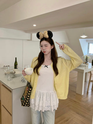 Yellow Knitted Cardigan with Lace