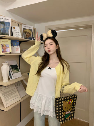 Yellow Knitted Cardigan with Lace