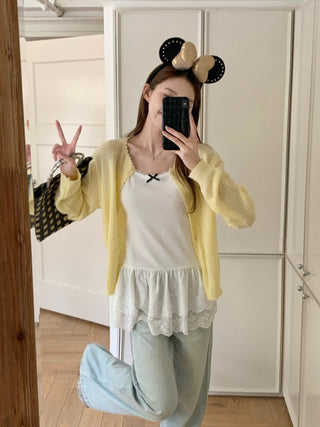 Yellow Knitted Cardigan with Lace
