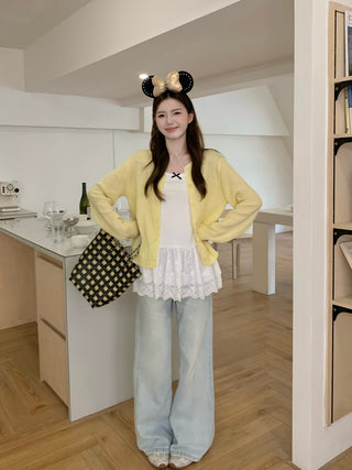 Yellow Knitted Cardigan with Lace