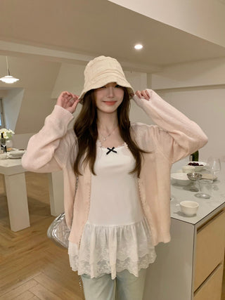 Yellow Knitted Cardigan with Lace