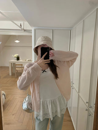 Yellow Knitted Cardigan with Lace