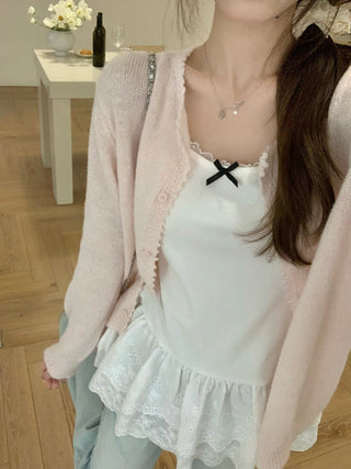 Yellow Knitted Cardigan with Lace