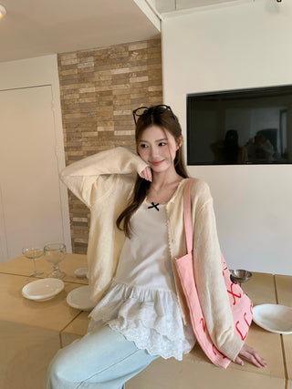 Yellow Knitted Cardigan with Lace