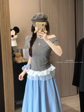 Blue Bud Skirt with Black Dress