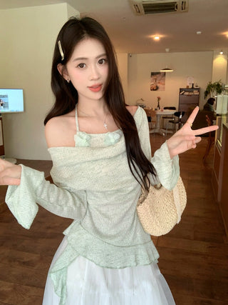 Fake Two-Piece Halter with Mesh Skirt