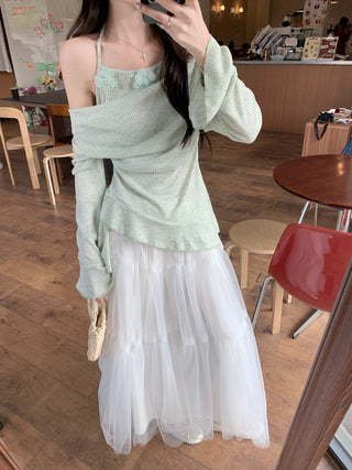 Fake Two-Piece Halter with Mesh Skirt