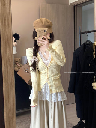Knitted Cardigan with Lace Vest