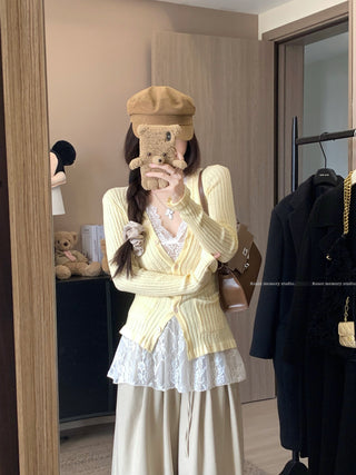 Knitted Cardigan with Lace Vest