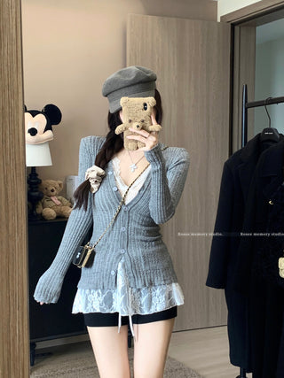 Knitted Cardigan with Lace Vest