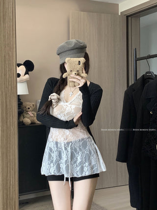 Knitted Cardigan with Lace Vest