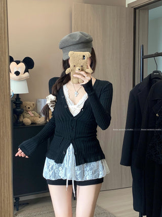 Knitted Cardigan with Lace Vest