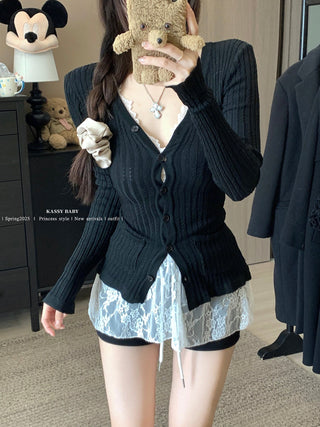 Knitted Cardigan with Lace Vest