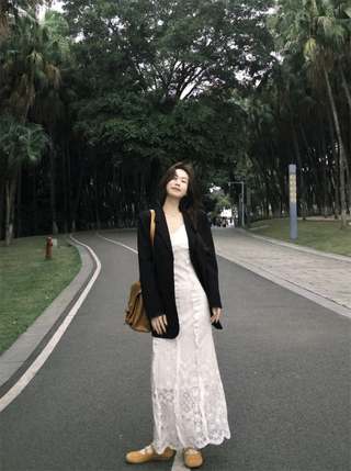 Black Blazer with Lace Dress