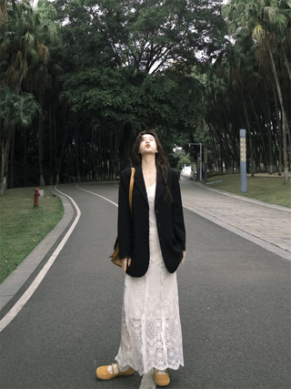 Black Blazer with Lace Dress