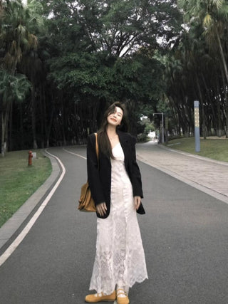 Black Blazer with Lace Dress