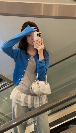 Blue Cardigan with Ruffled Vest