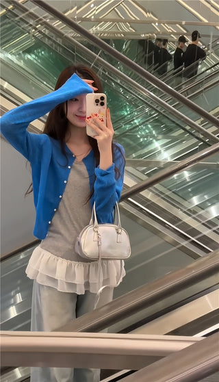 Blue Cardigan with Ruffled Vest