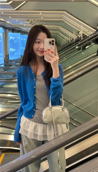 Blue Cardigan with Ruffled Vest