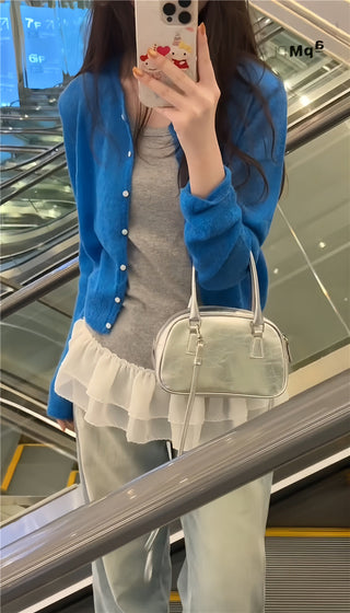 Blue Cardigan with Ruffled Vest