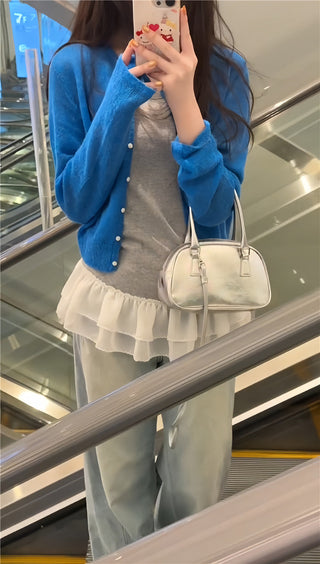 Blue Cardigan with Ruffled Vest