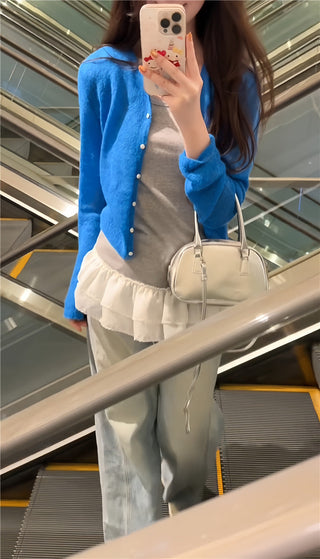 Blue Cardigan with Ruffled Vest