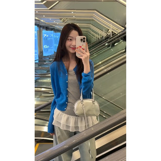 Blue Cardigan with Ruffled Vest