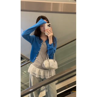 Blue Cardigan with Ruffled Vest