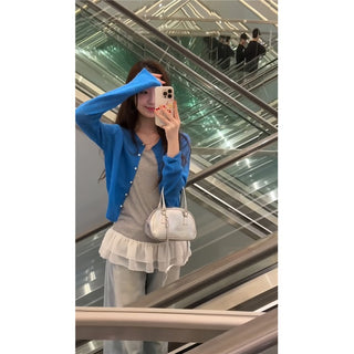 Blue Cardigan with Ruffled Vest