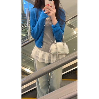 Blue Cardigan with Ruffled Vest