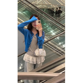Blue Cardigan with Ruffled Vest