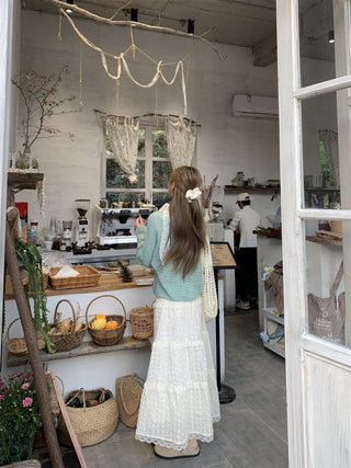 Green Cardigan with Jacquard Skirt