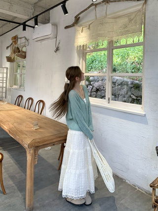 Green Cardigan with Jacquard Skirt