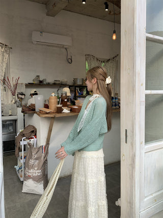 Green Cardigan with Jacquard Skirt