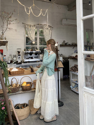 Green Cardigan with Jacquard Skirt