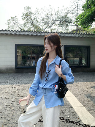 White Polo Shirt with Blue Cardigan