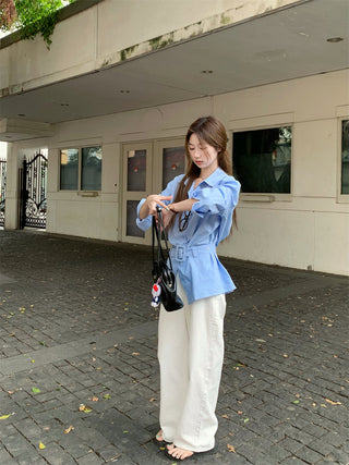 White Polo Shirt with Blue Cardigan