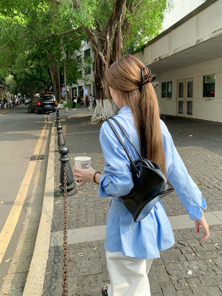 White Polo Shirt with Blue Cardigan