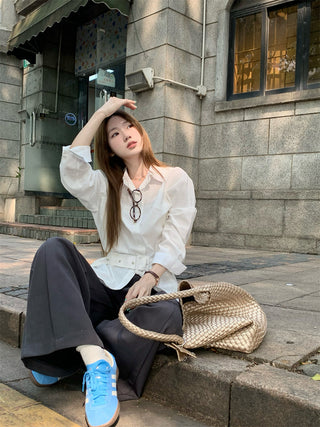 White Polo Shirt with Blue Cardigan