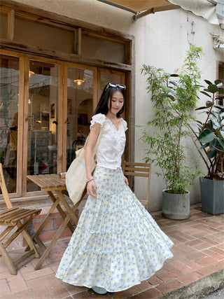 Puff Sleeve Lace Shirt with Skirt