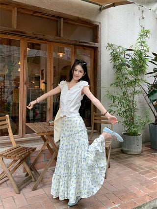 Puff Sleeve Lace Shirt with Skirt