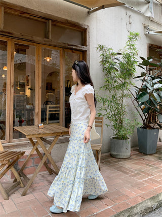 Puff Sleeve Lace Shirt with Skirt